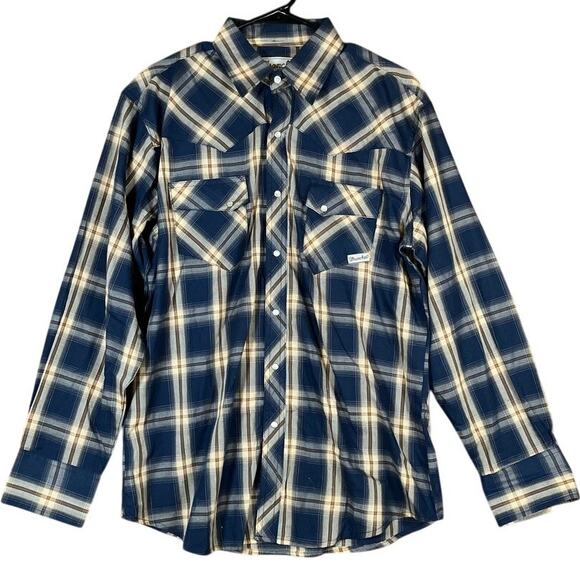 Wrangler Mens Shirt Blue Tan Plaid Wrancher Flannel Pearl Snap Large - Picture 1 of 11